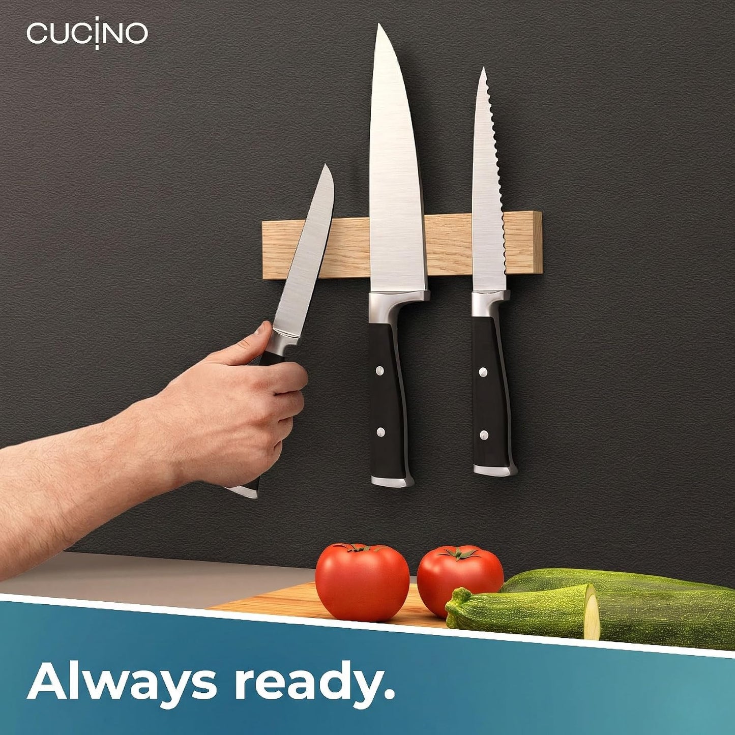 for wall, 16" no drilling required, includes self-adhesive tape, extra strong for holding knives – Awarded magnet strip – Acacia
