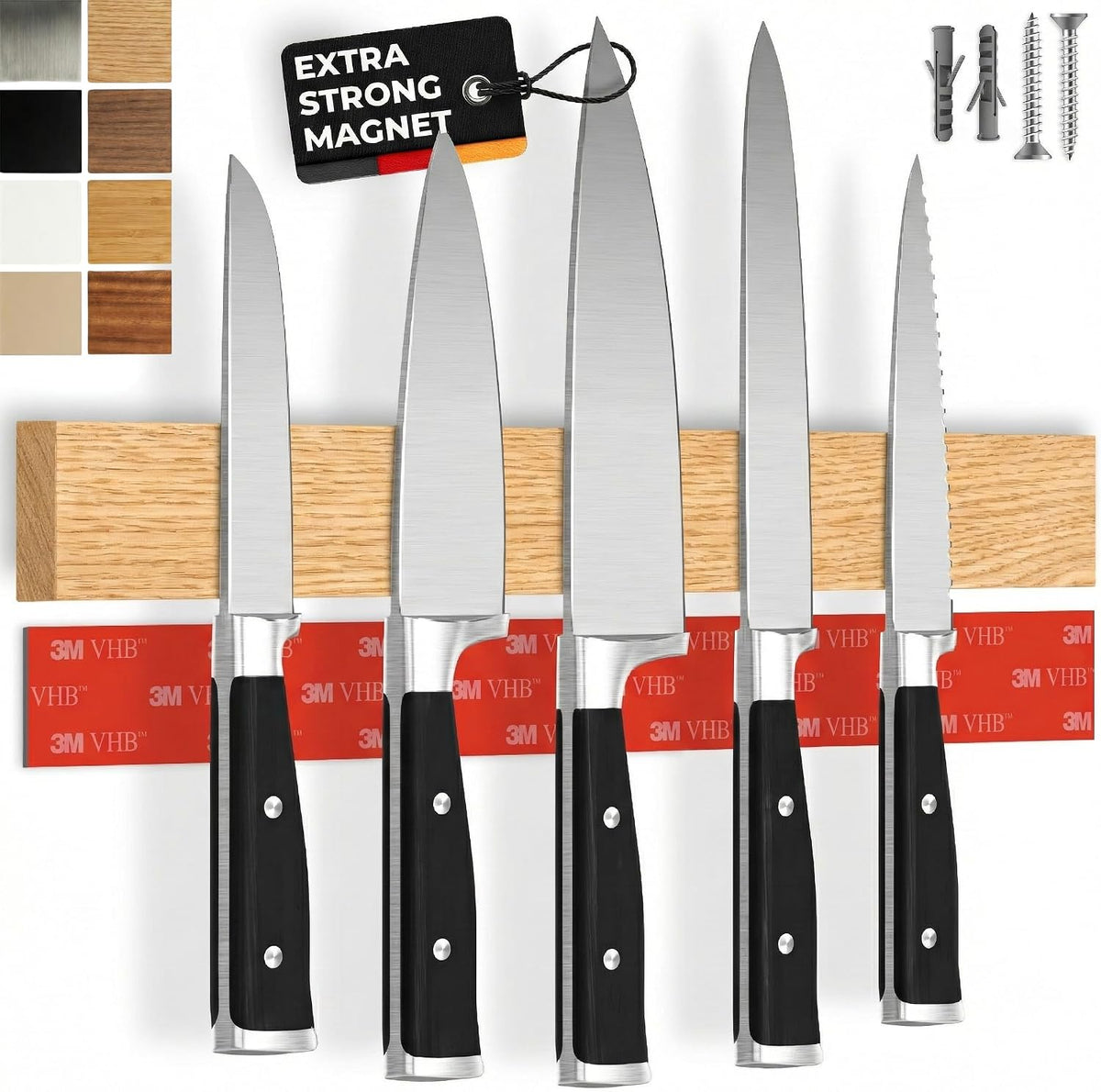 for wall, 16" no drilling required, includes self-adhesive tape, extra strong for holding knives – Awarded magnet strip – Acacia