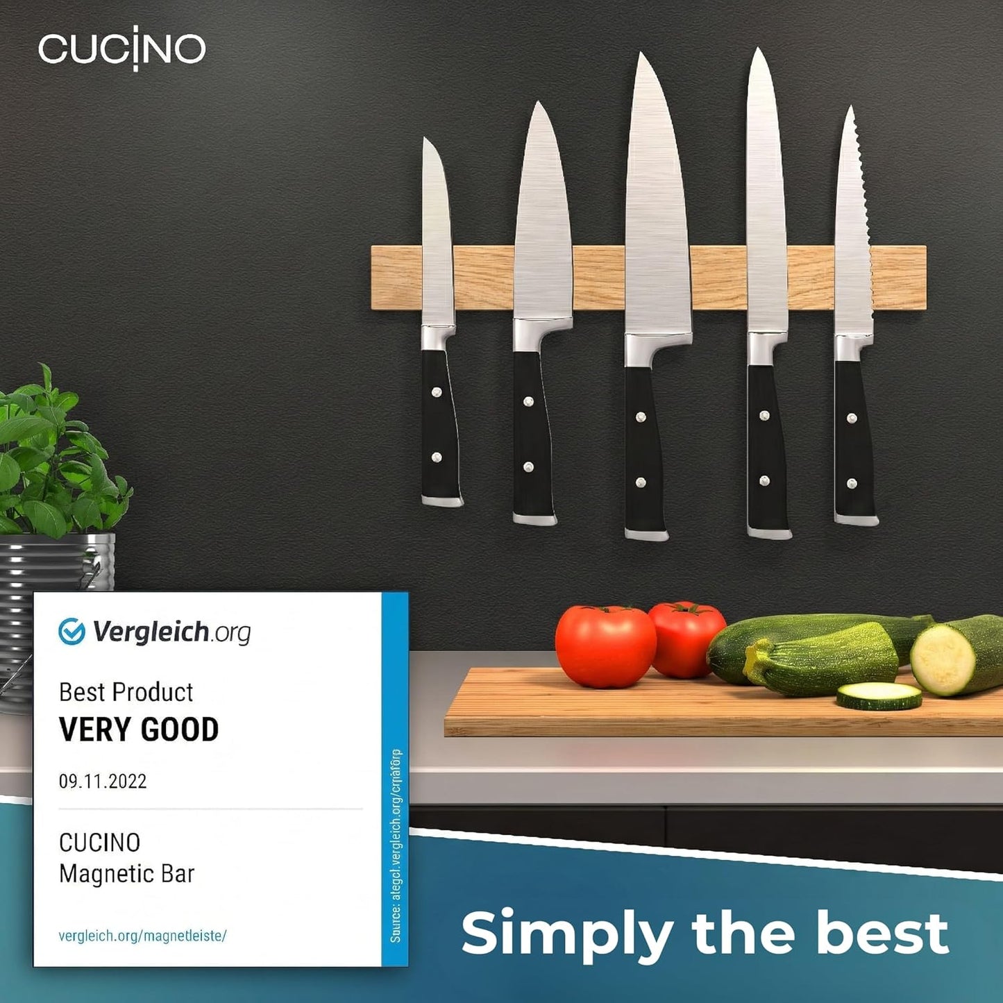 for wall, 16" no drilling required, includes self-adhesive tape, extra strong for holding knives – Awarded magnet strip – Acacia