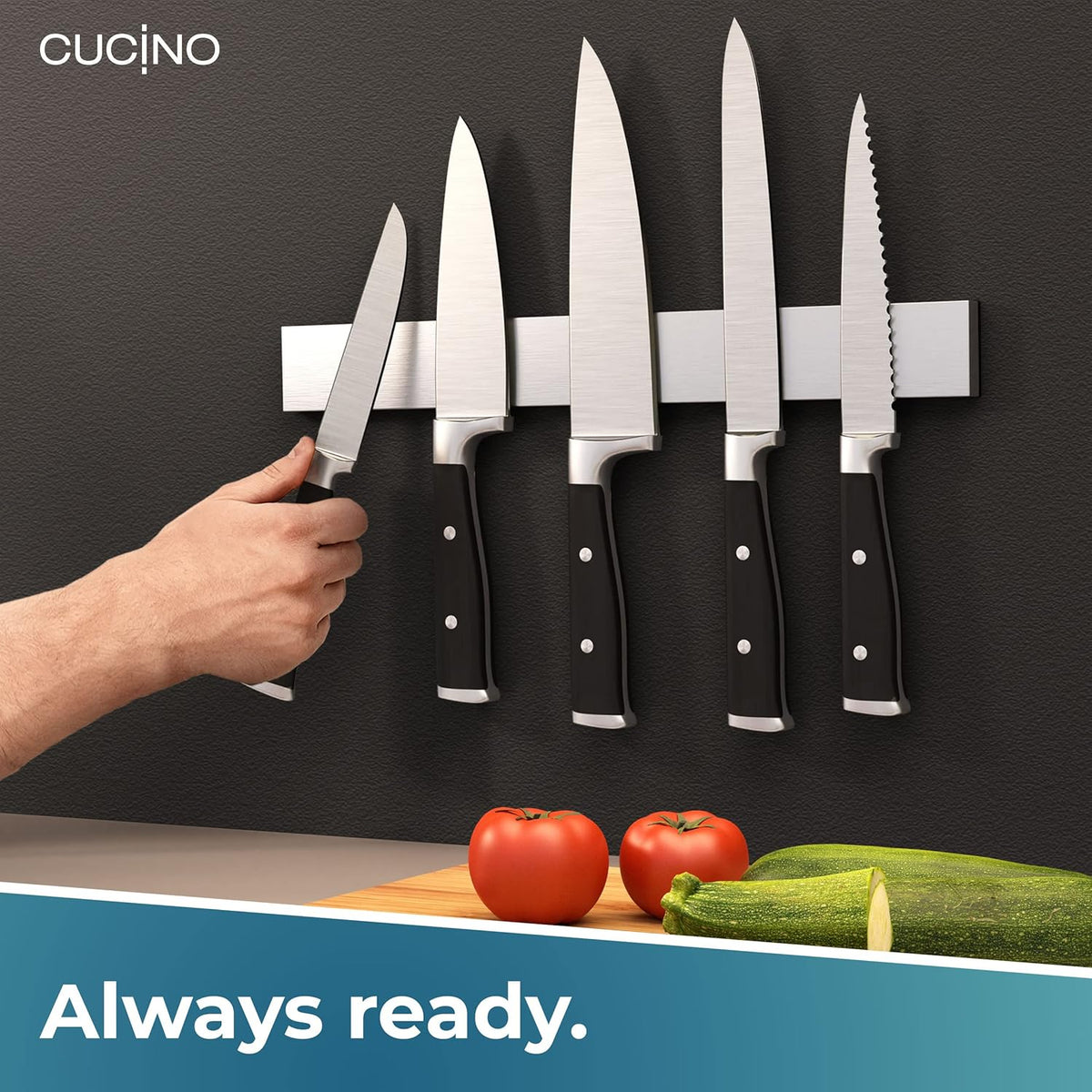 for wall, 16" no drilling required, includes self-adhesive tape, extra strong for holding knives – Awarded magnet strip – Acacia