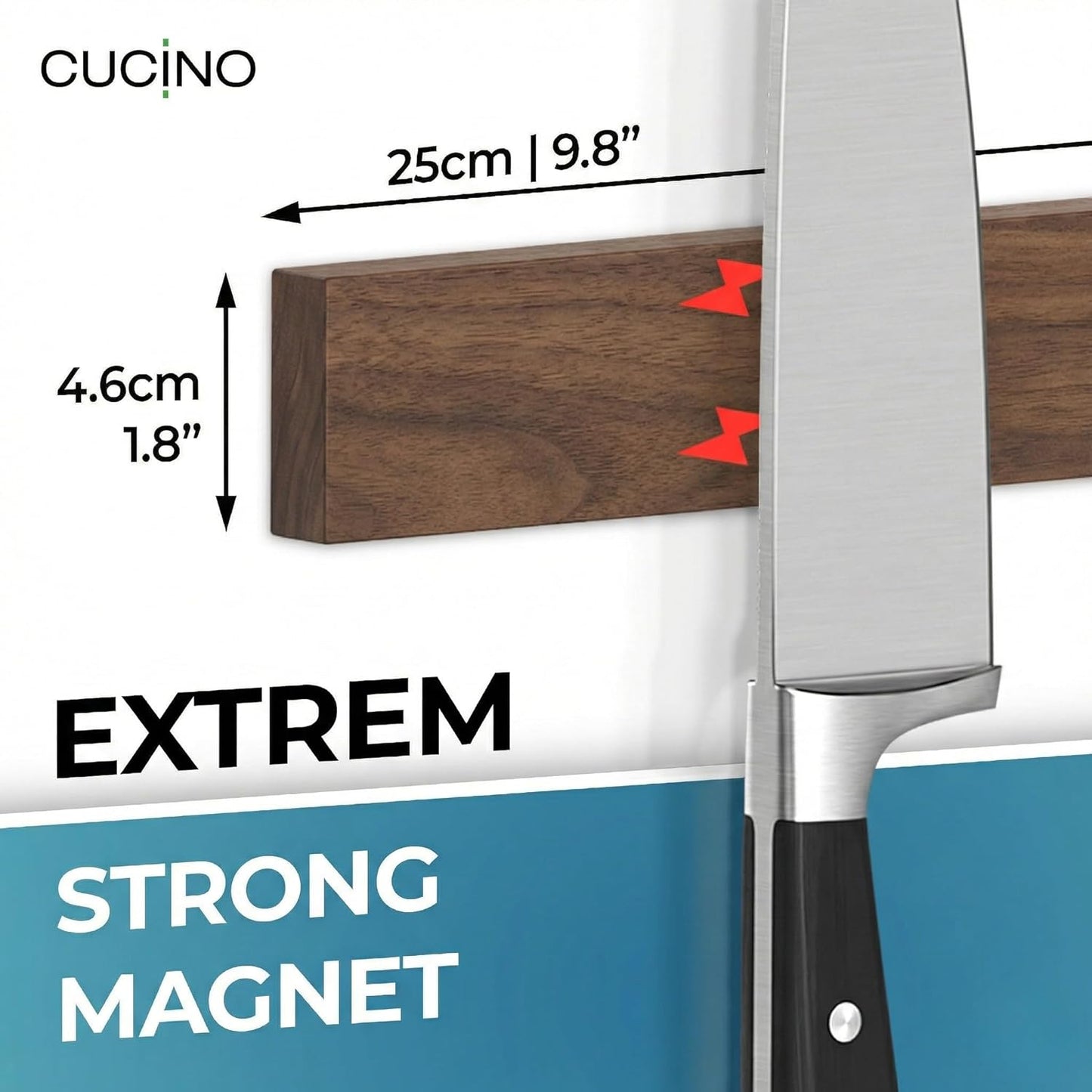 for wall, 16" no drilling required, includes self-adhesive tape, extra strong for holding knives – Awarded magnet strip – Acacia