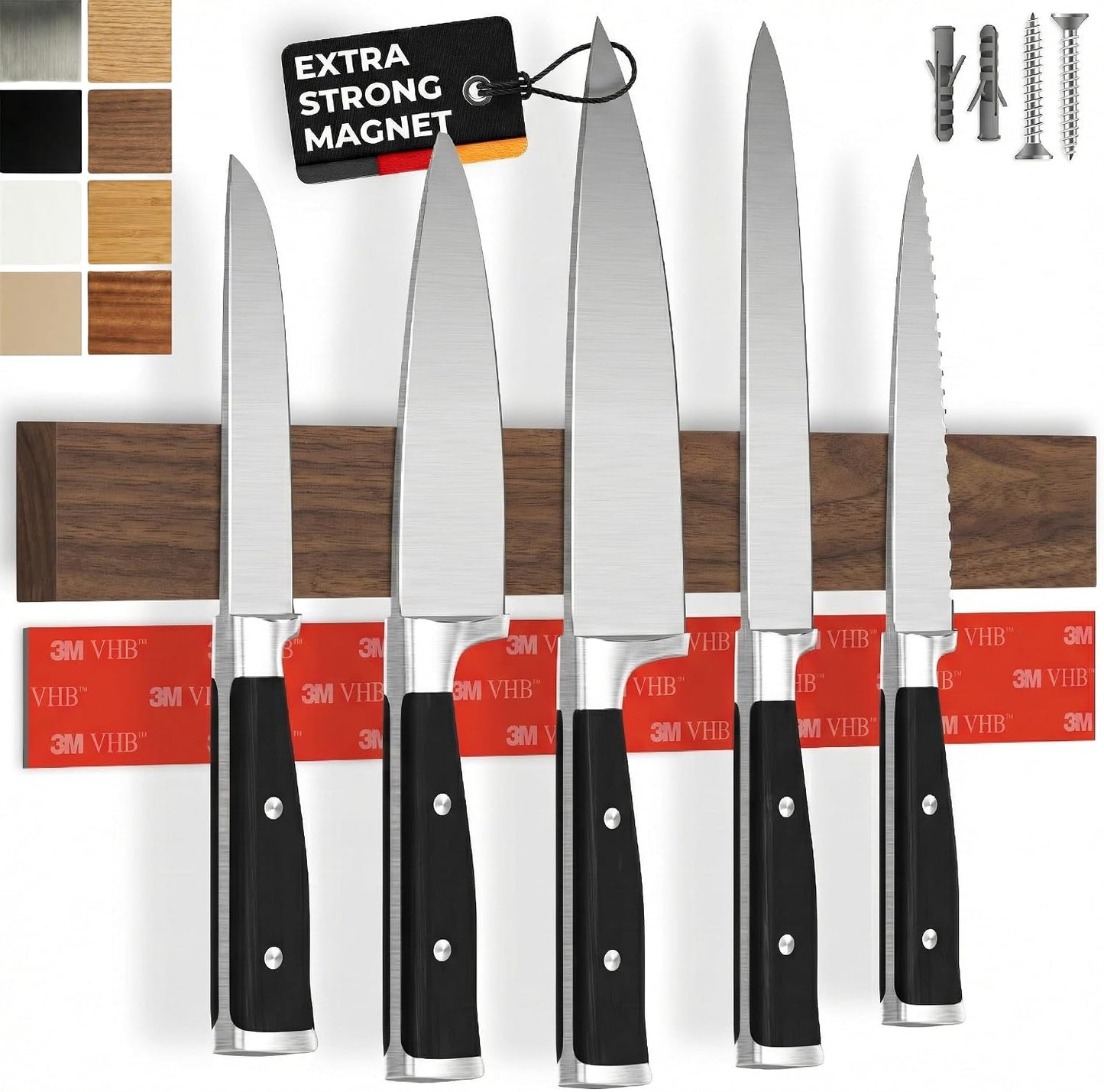 for wall, 16" no drilling required, includes self-adhesive tape, extra strong for holding knives – Awarded magnet strip – Acacia