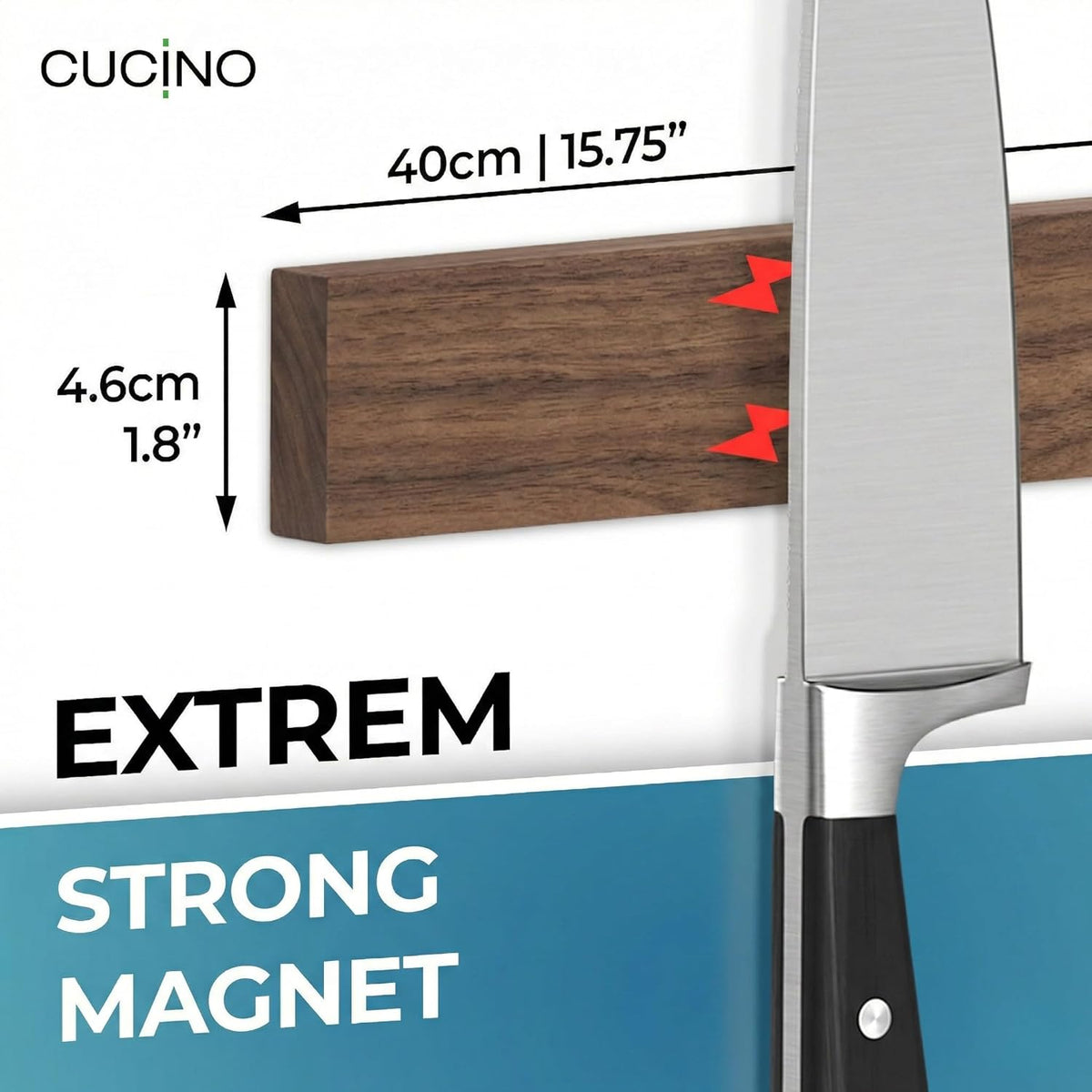 for wall, 16" no drilling required, includes self-adhesive tape, extra strong for holding knives – Awarded magnet strip – Acacia