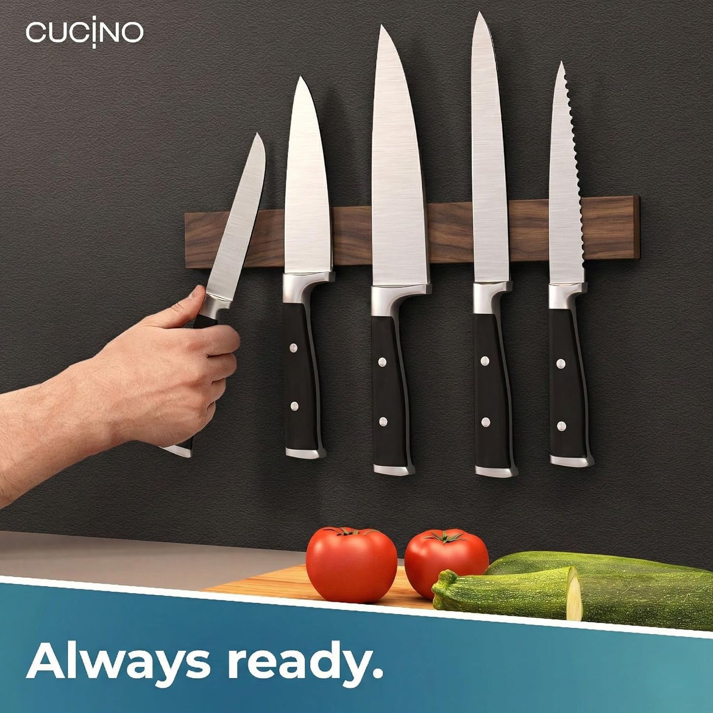 for wall, 16" no drilling required, includes self-adhesive tape, extra strong for holding knives – Awarded magnet strip – Acacia