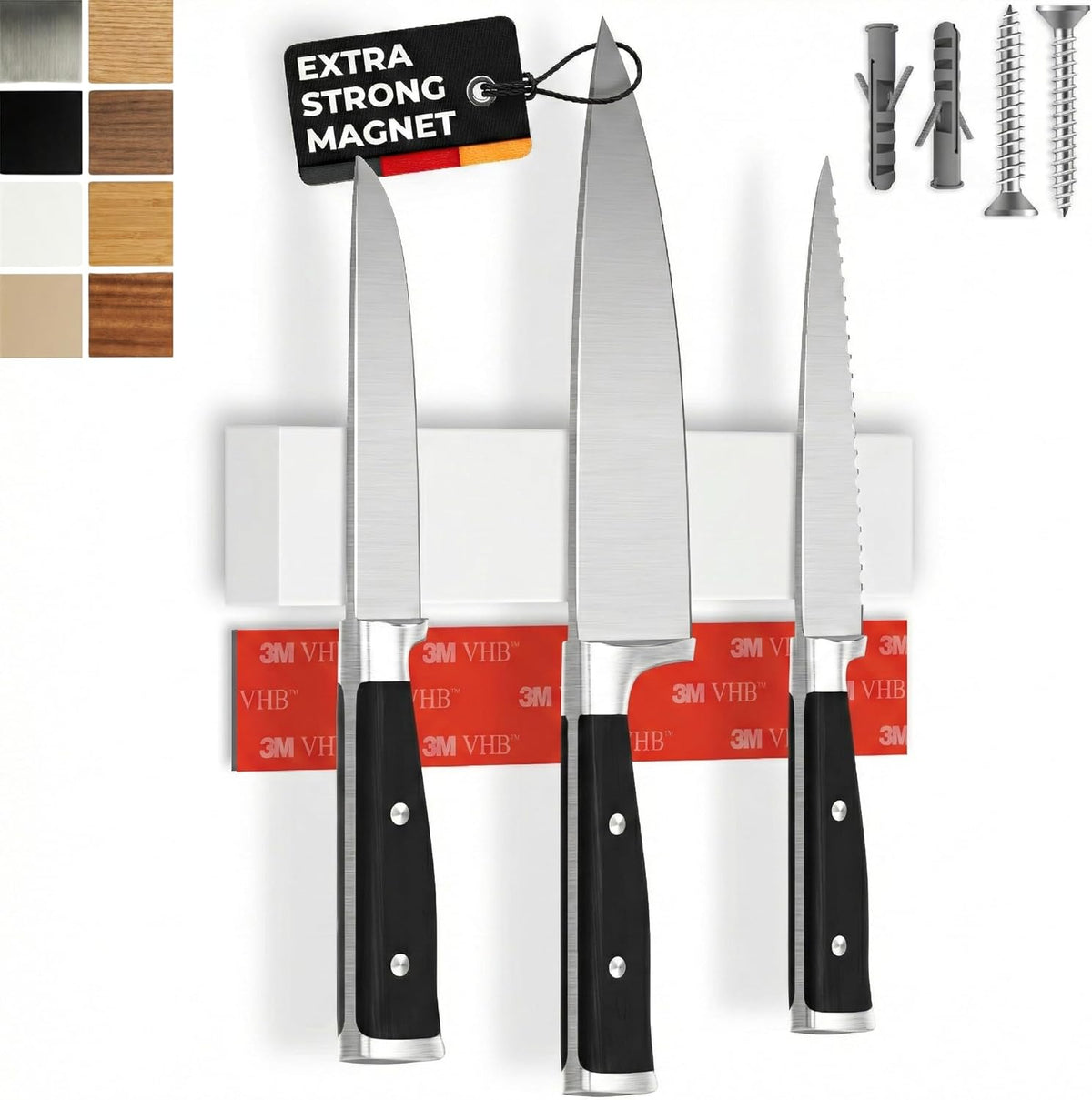 for wall, 16" no drilling required, includes self-adhesive tape, extra strong for holding knives – Awarded magnet strip – Acacia