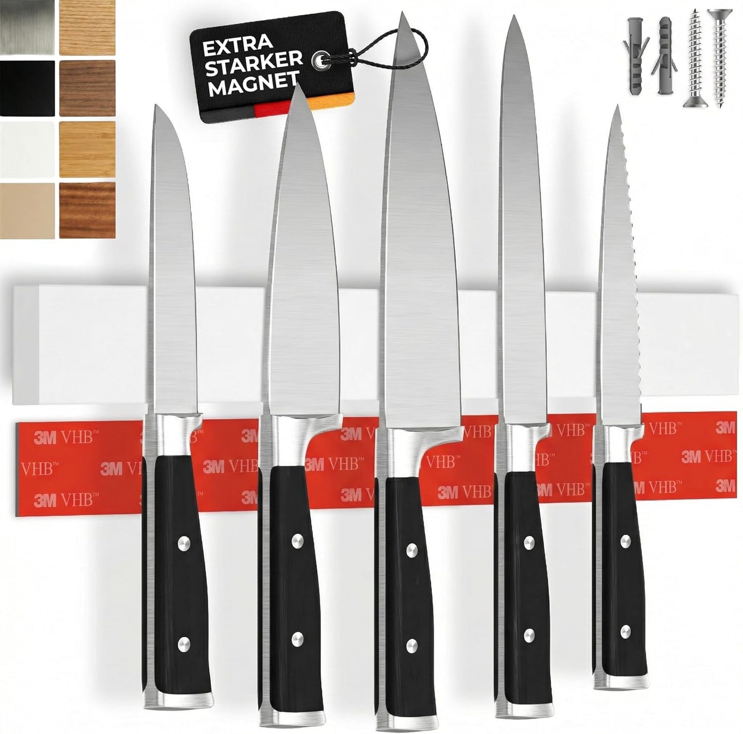 for wall, 16" no drilling required, includes self-adhesive tape, extra strong for holding knives – Awarded magnet strip – Acacia