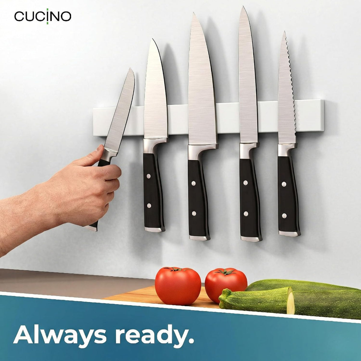 for wall, 16" no drilling required, includes self-adhesive tape, extra strong for holding knives – Awarded magnet strip – Acacia
