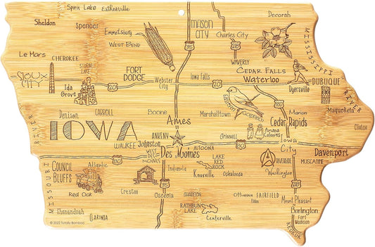 Destination Iowa State Shaped Cutting Board | State charcuterie serving board with engraved map artwork. Smooth reverse side for food prep. Hang tie for wall display.