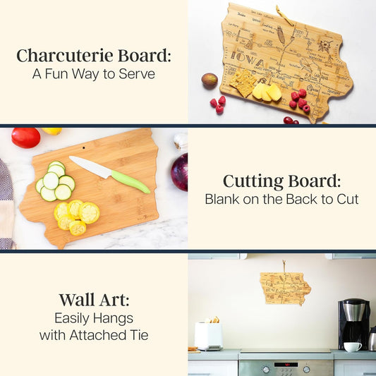 Destination Iowa State Shaped Cutting Board | State charcuterie serving board with engraved map artwork. Smooth reverse side for food prep. Hang tie for wall display.