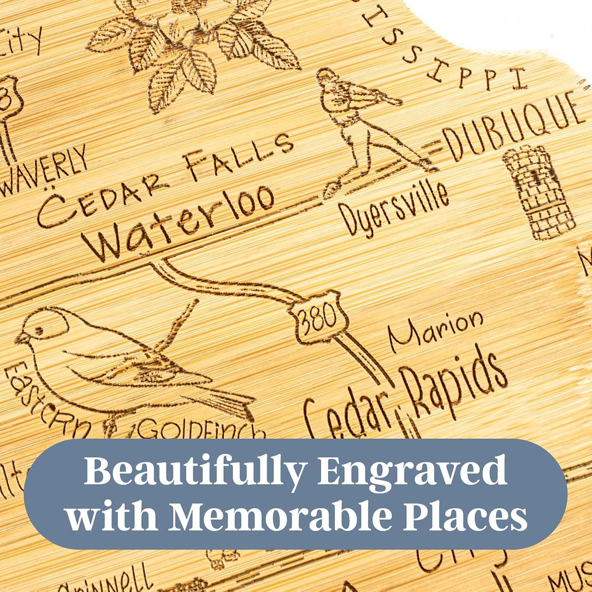 Destination Iowa State Shaped Cutting Board | State charcuterie serving board with engraved map artwork. Smooth reverse side for food prep. Hang tie for wall display.