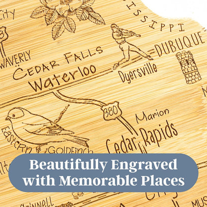 Destination Iowa State Shaped Cutting Board | State charcuterie serving board with engraved map artwork. Smooth reverse side for food prep. Hang tie for wall display.