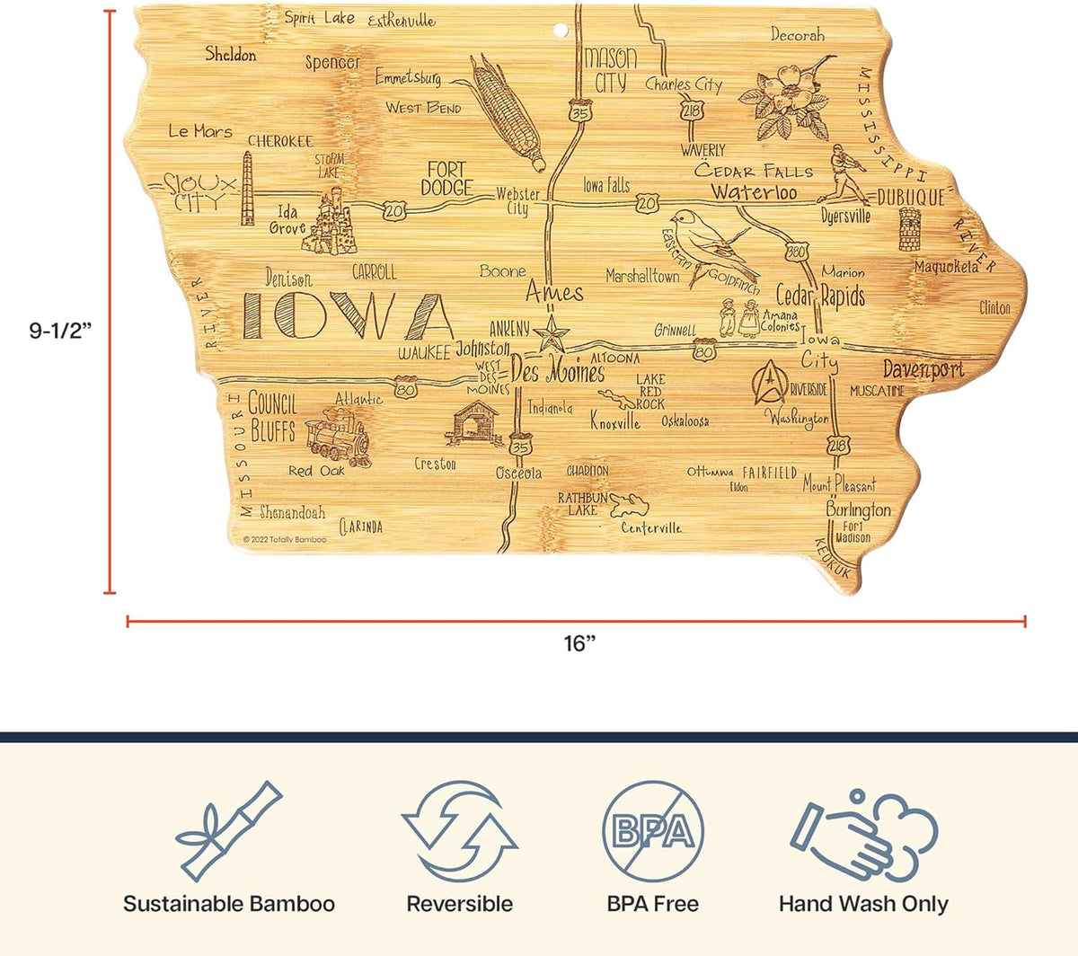 Destination Iowa State Shaped Cutting Board | State charcuterie serving board with engraved map artwork. Smooth reverse side for food prep. Hang tie for wall display.
