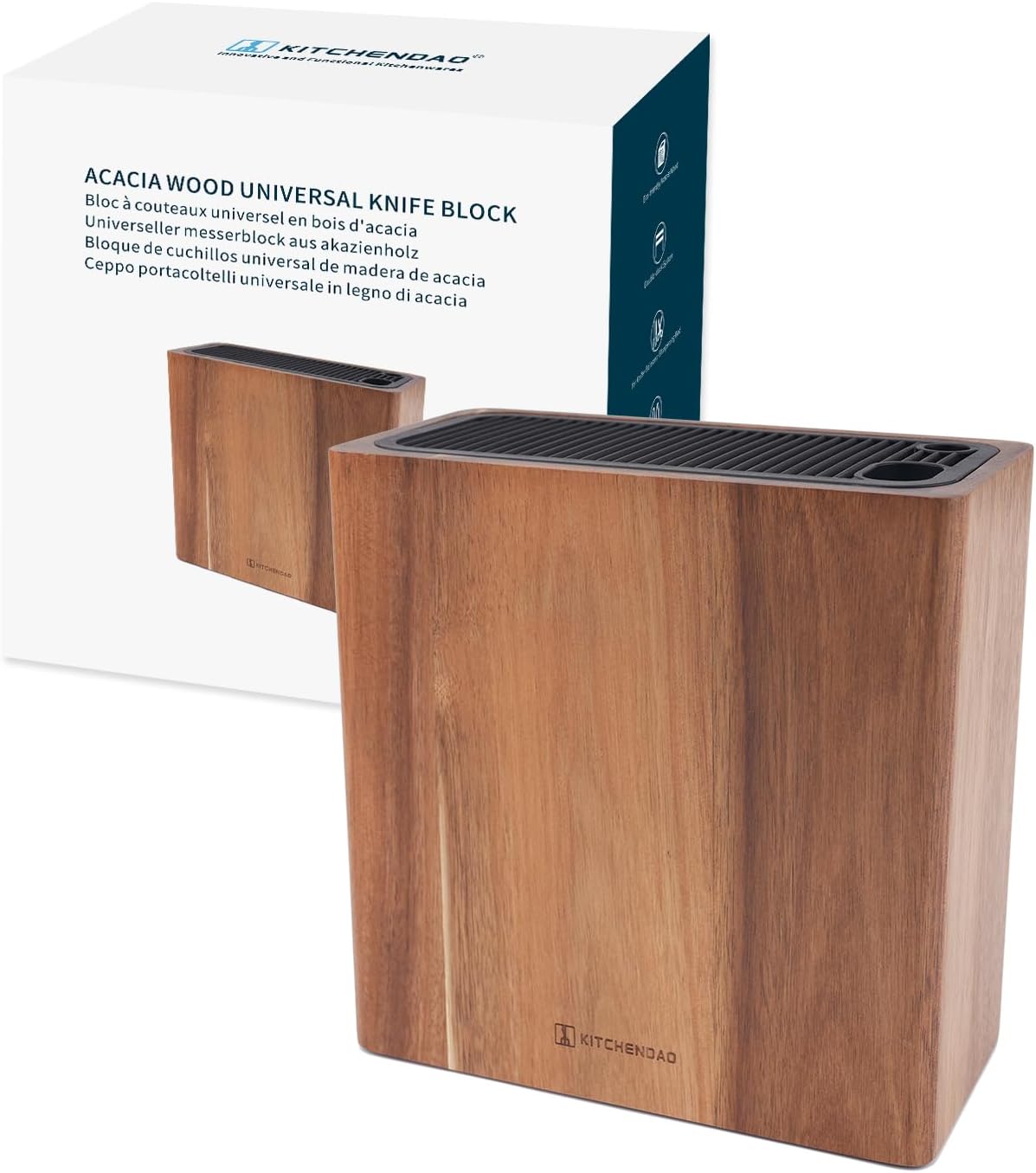 XL Acacia Wood Universal Knife Block with Slots for Scissors and Sharpening Rod, Safe, Space Saver Knives Storage Stand Display without Knives, Unique Slot Design to Protect Blade