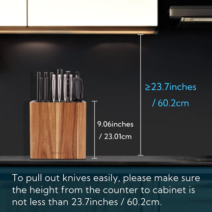 XL Acacia Wood Universal Knife Block with Slots for Scissors and Sharpening Rod, Safe, Space Saver Knives Storage Stand Display without Knives, Unique Slot Design to Protect Blade