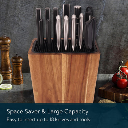XL Acacia Wood Universal Knife Block with Slots for Scissors and Sharpening Rod, Safe, Space Saver Knives Storage Stand Display without Knives, Unique Slot Design to Protect Blade