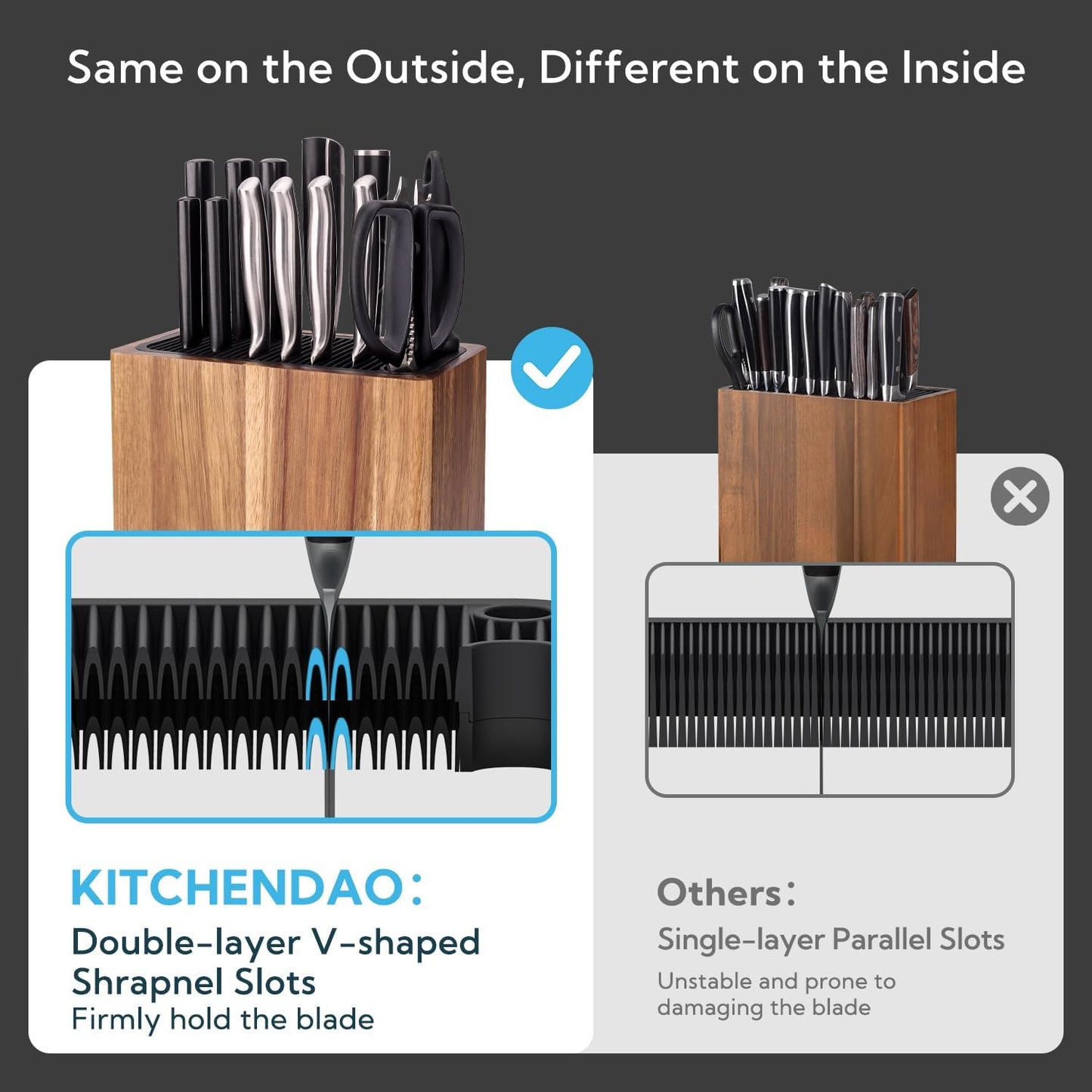 XL Acacia Wood Universal Knife Block with Slots for Scissors and Sharpening Rod, Safe, Space Saver Knives Storage Stand Display without Knives, Unique Slot Design to Protect Blade