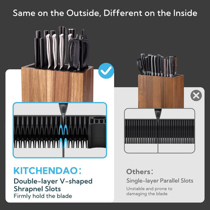 XL Acacia Wood Universal Knife Block with Slots for Scissors and Sharpening Rod, Safe, Space Saver Knives Storage Stand Display without Knives, Unique Slot Design to Protect Blade