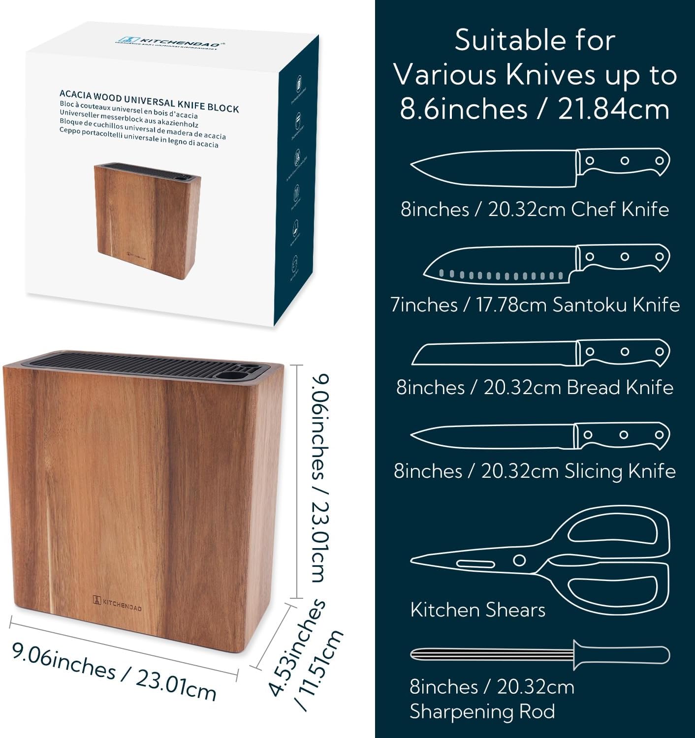XL Acacia Wood Universal Knife Block with Slots for Scissors and Sharpening Rod, Safe, Space Saver Knives Storage Stand Display without Knives, Unique Slot Design to Protect Blade