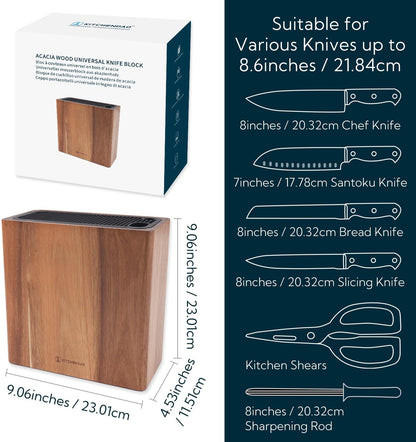 XL Acacia Wood Universal Knife Block with Slots for Scissors and Sharpening Rod, Safe, Space Saver Knives Storage Stand Display without Knives, Unique Slot Design to Protect Blade