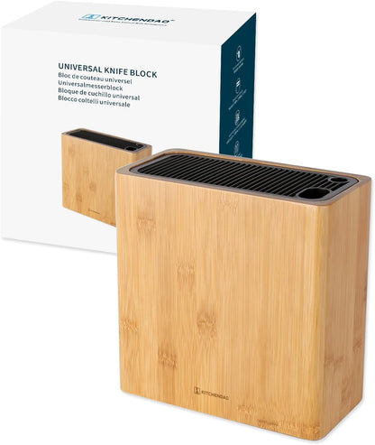 XL Acacia Wood Universal Knife Block with Slots for Scissors and Sharpening Rod, Safe, Space Saver Knives Storage Stand Display without Knives, Unique Slot Design to Protect Blade