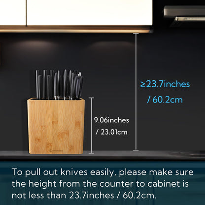 XL Acacia Wood Universal Knife Block with Slots for Scissors and Sharpening Rod, Safe, Space Saver Knives Storage Stand Display without Knives, Unique Slot Design to Protect Blade