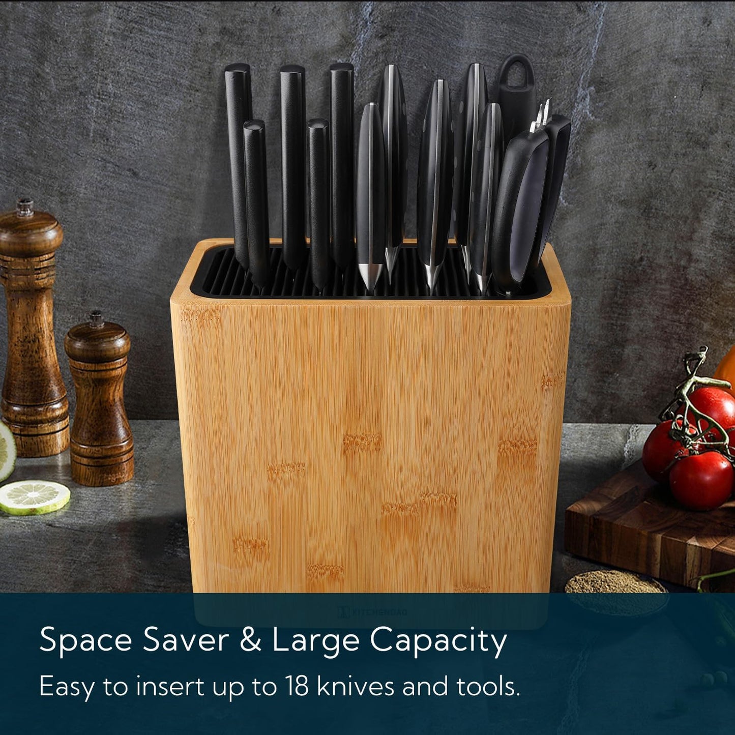 XL Acacia Wood Universal Knife Block with Slots for Scissors and Sharpening Rod, Safe, Space Saver Knives Storage Stand Display without Knives, Unique Slot Design to Protect Blade