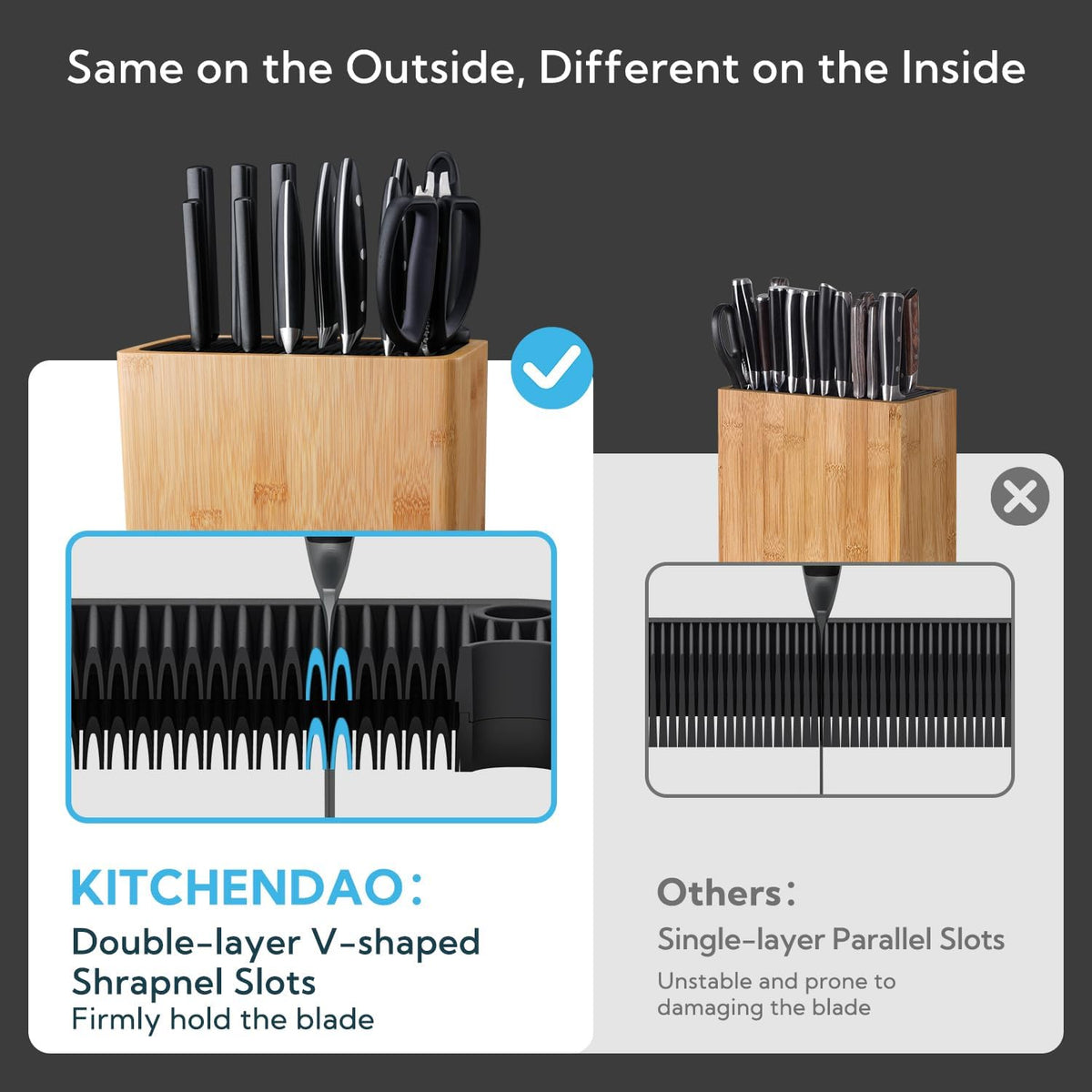 XL Acacia Wood Universal Knife Block with Slots for Scissors and Sharpening Rod, Safe, Space Saver Knives Storage Stand Display without Knives, Unique Slot Design to Protect Blade