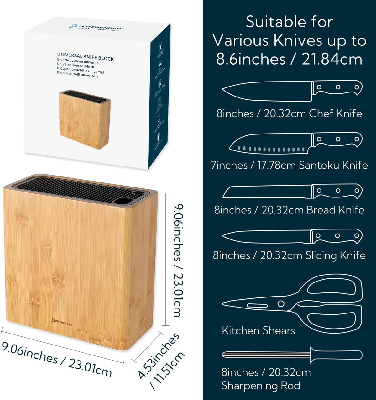 XL Acacia Wood Universal Knife Block with Slots for Scissors and Sharpening Rod, Safe, Space Saver Knives Storage Stand Display without Knives, Unique Slot Design to Protect Blade