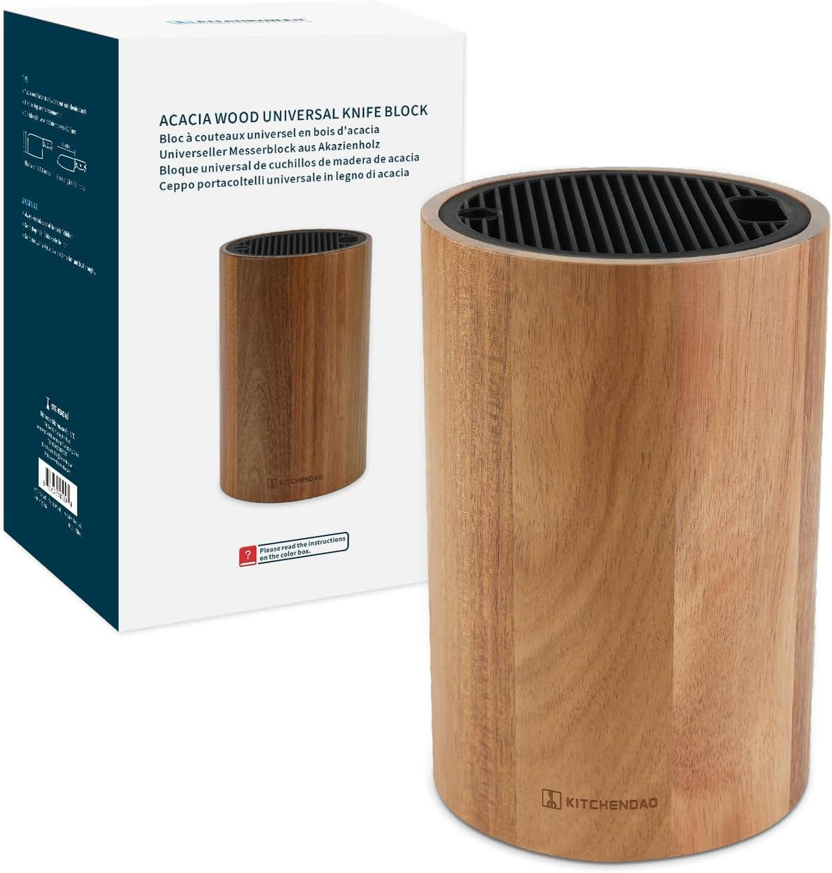 XL Acacia Wood Universal Knife Block with Slots for Scissors and Sharpening Rod, Safe, Space Saver Knives Storage Stand Display without Knives, Unique Slot Design to Protect Blade