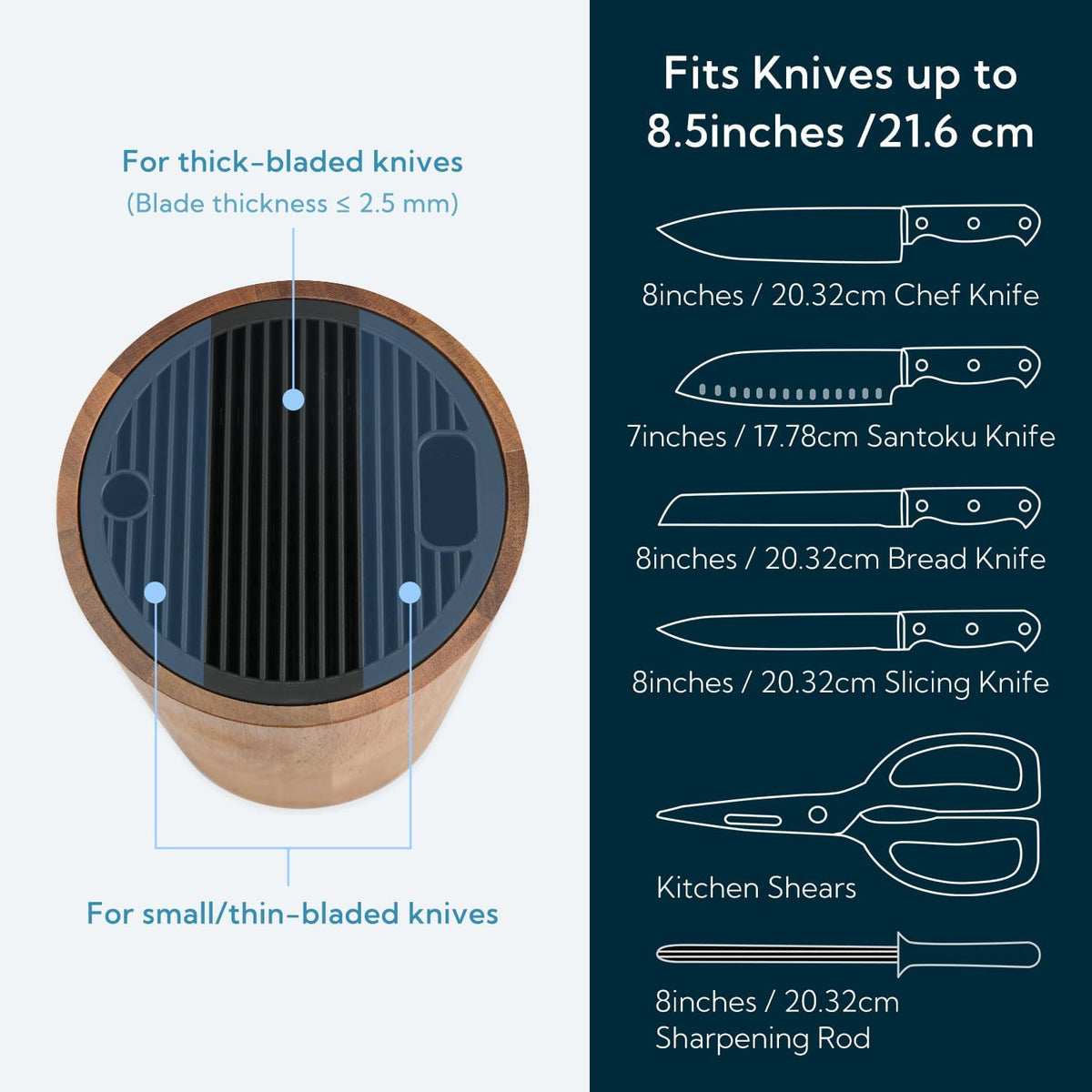 XL Acacia Wood Universal Knife Block with Slots for Scissors and Sharpening Rod, Safe, Space Saver Knives Storage Stand Display without Knives, Unique Slot Design to Protect Blade