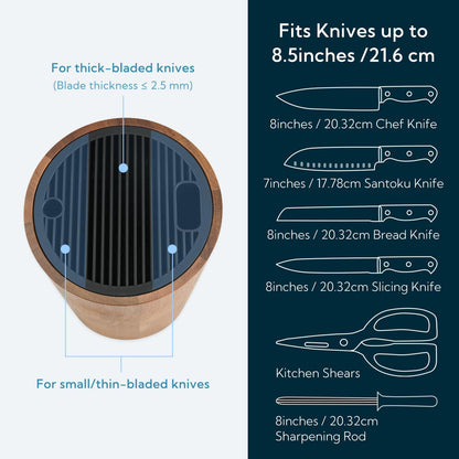 XL Acacia Wood Universal Knife Block with Slots for Scissors and Sharpening Rod, Safe, Space Saver Knives Storage Stand Display without Knives, Unique Slot Design to Protect Blade