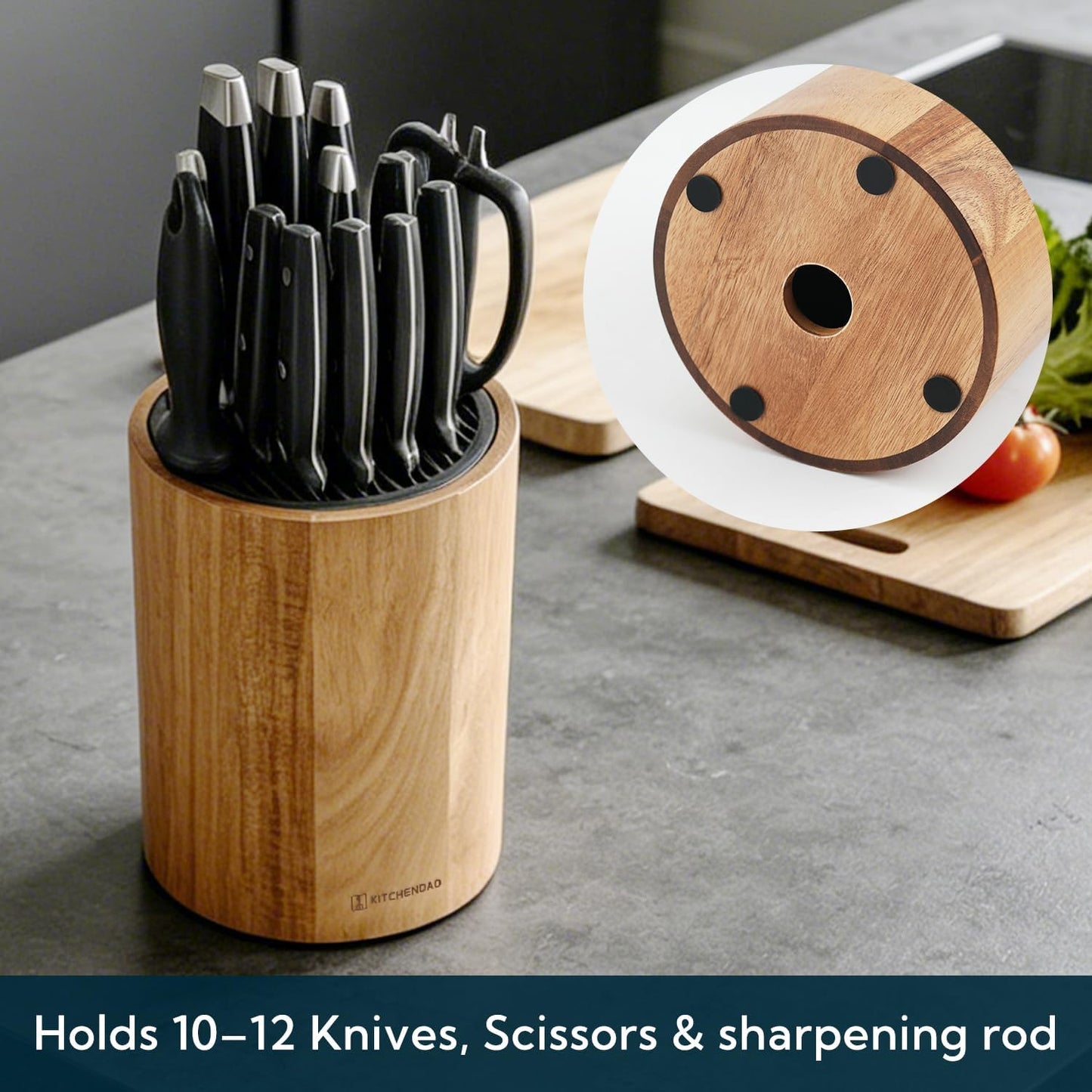 XL Acacia Wood Universal Knife Block with Slots for Scissors and Sharpening Rod, Safe, Space Saver Knives Storage Stand Display without Knives, Unique Slot Design to Protect Blade