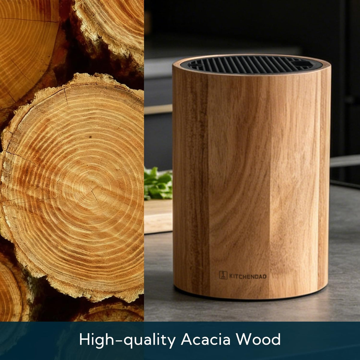 XL Acacia Wood Universal Knife Block with Slots for Scissors and Sharpening Rod, Safe, Space Saver Knives Storage Stand Display without Knives, Unique Slot Design to Protect Blade