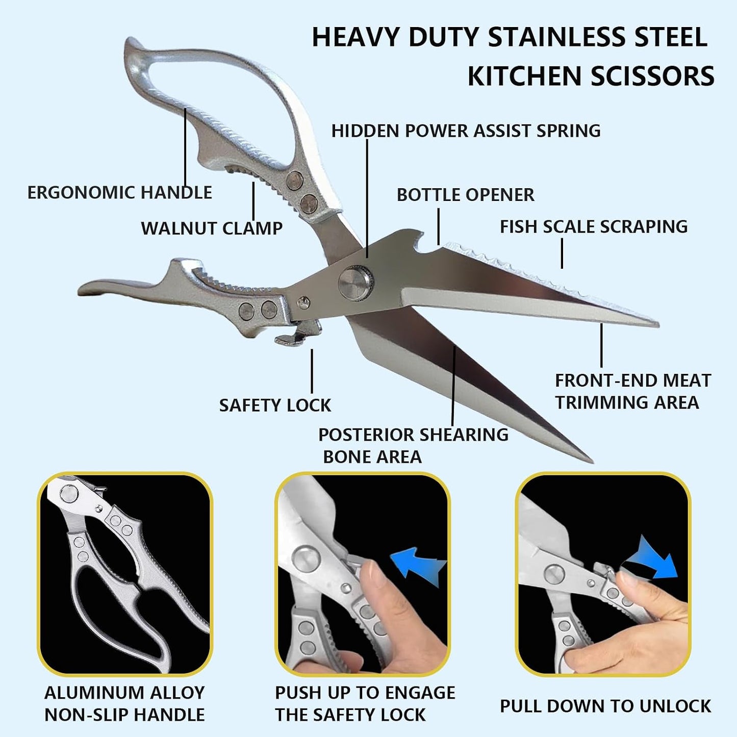 Professional Poultry Shears Heavy Duty – Multifunctional Kitchen Scissors with 2 Extra Springs, Kitchen Shears with Safety Lock & Non-Slip Handle for Chicken,Fish,Veggies, Dishwasher Safe