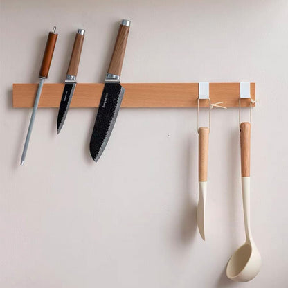 Magnetic Knife Strips for Wall, Solid Wood Knife Magnetic Holder with 2 Hooks, No-Drill 3-Way Mount & 3M Adhesive Strips, Beech Wood, 16 Inches
