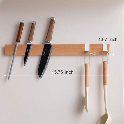 Magnetic Knife Strips for Wall, Solid Wood Knife Magnetic Holder with 2 Hooks, No-Drill 3-Way Mount & 3M Adhesive Strips, Beech Wood, 16 Inches