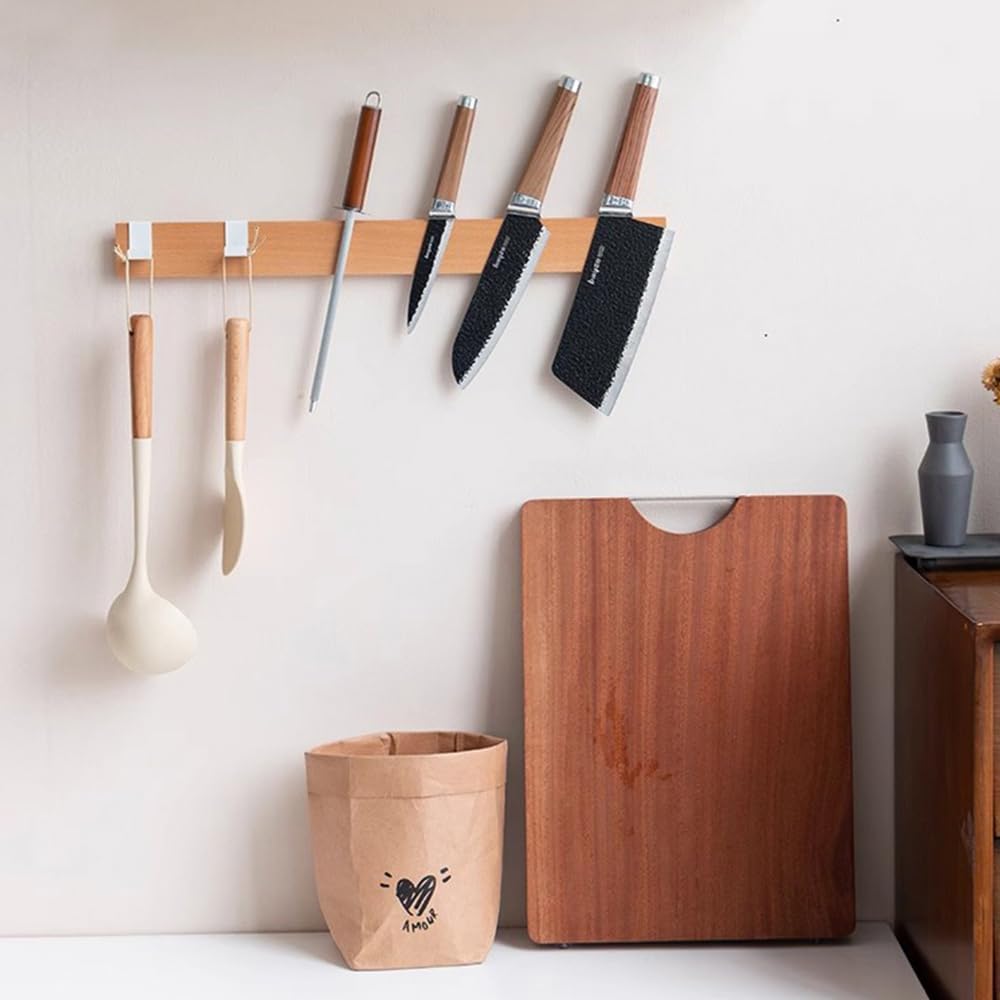Magnetic Knife Strips for Wall, Solid Wood Knife Magnetic Holder with 2 Hooks, No-Drill 3-Way Mount & 3M Adhesive Strips, Beech Wood, 16 Inches