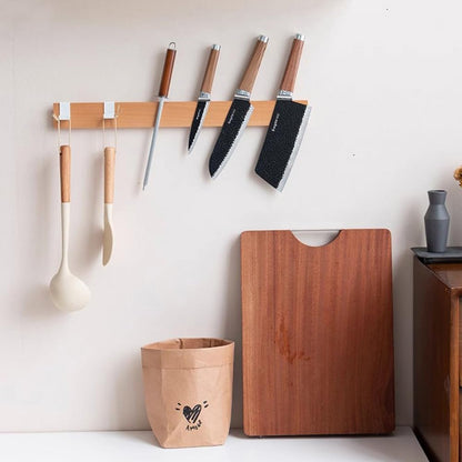 Magnetic Knife Strips for Wall, Solid Wood Knife Magnetic Holder with 2 Hooks, No-Drill 3-Way Mount & 3M Adhesive Strips, Beech Wood, 16 Inches