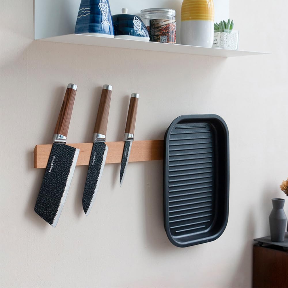 Magnetic Knife Strips for Wall, Solid Wood Knife Magnetic Holder with 2 Hooks, No-Drill 3-Way Mount & 3M Adhesive Strips, Beech Wood, 16 Inches