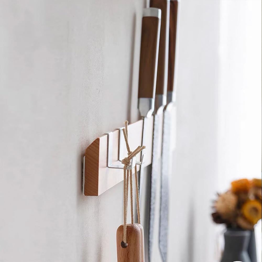 Magnetic Knife Strips for Wall, Solid Wood Knife Magnetic Holder with 2 Hooks, No-Drill 3-Way Mount & 3M Adhesive Strips, Beech Wood, 16 Inches