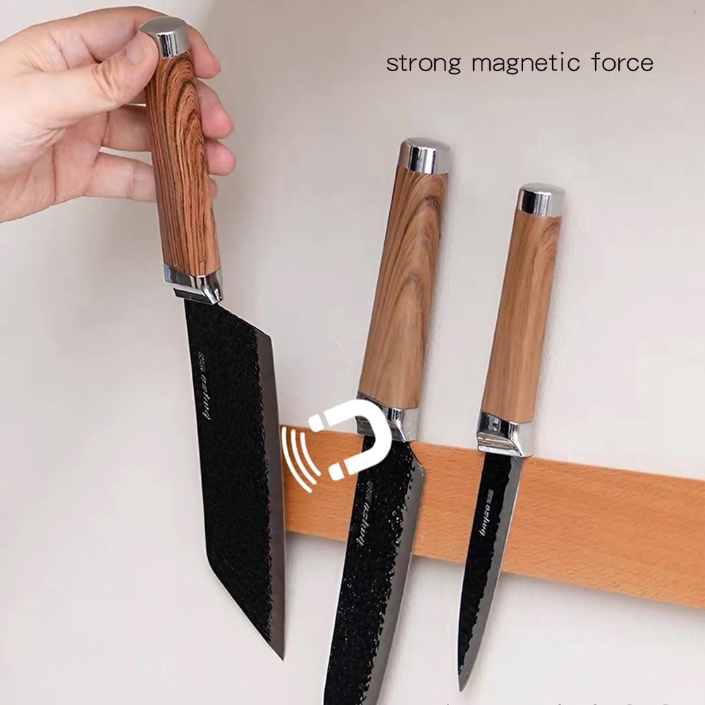 Magnetic Knife Strips for Wall, Solid Wood Knife Magnetic Holder with 2 Hooks, No-Drill 3-Way Mount & 3M Adhesive Strips, Beech Wood, 16 Inches