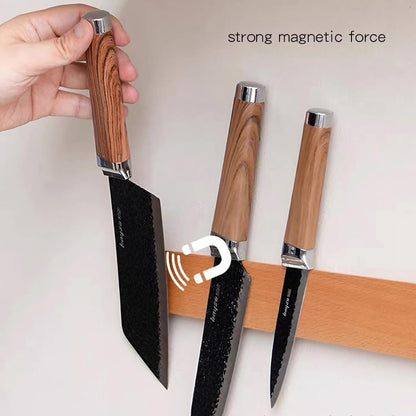 Magnetic Knife Strips for Wall, Solid Wood Knife Magnetic Holder with 2 Hooks, No-Drill 3-Way Mount & 3M Adhesive Strips, Beech Wood, 16 Inches