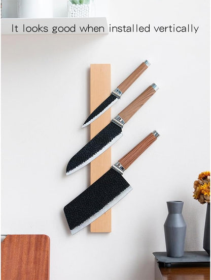 Magnetic Knife Strips for Wall, Solid Wood Knife Magnetic Holder with 2 Hooks, No-Drill 3-Way Mount & 3M Adhesive Strips, Beech Wood, 16 Inches