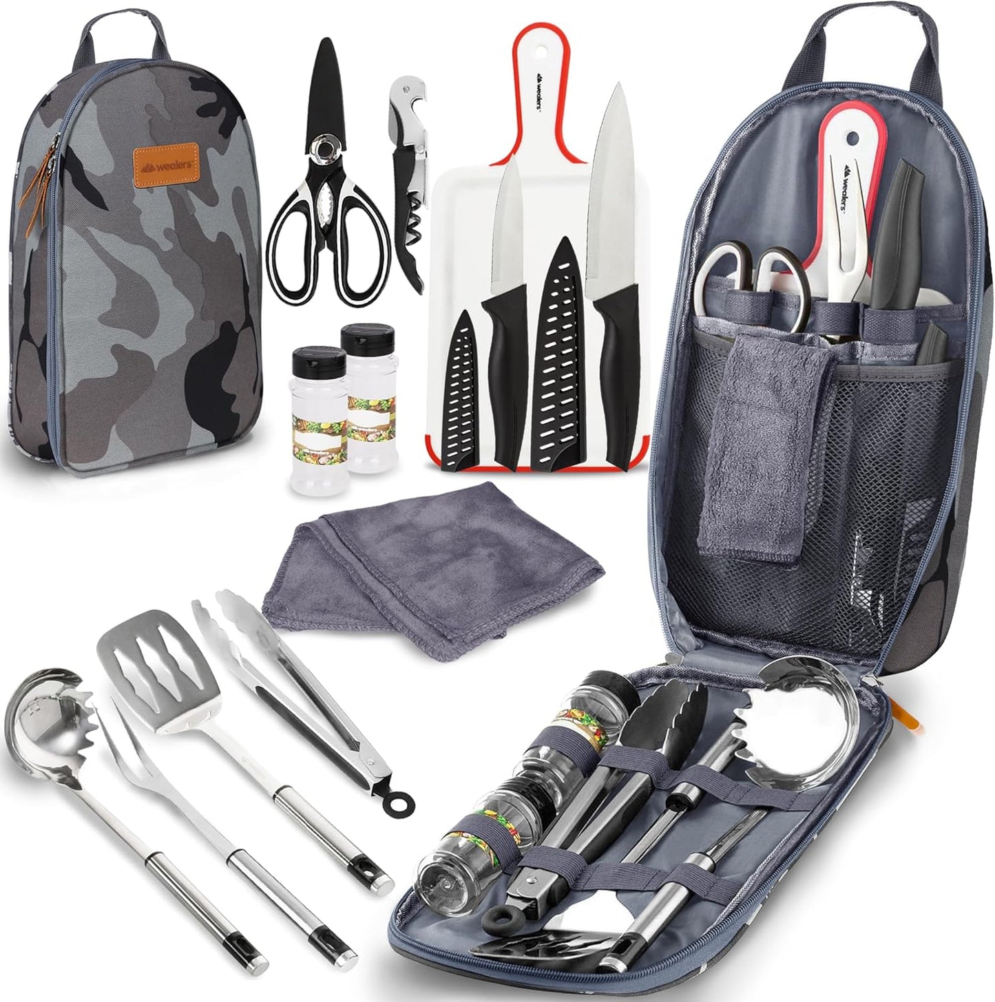 Camp Kitchen Cooking Utensil Set Travel Organizer Grill Accessories Portable Compact Gear for Backpacking BBQ Camping Hiking Travel Cookware Kit Water Resistant Case