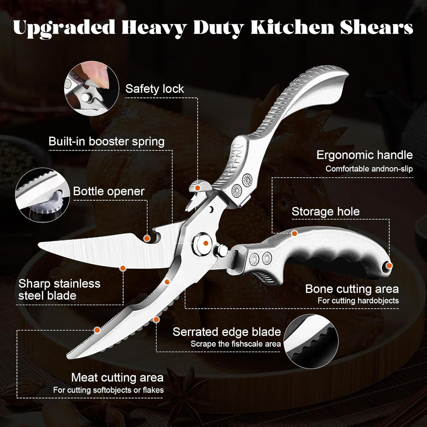 Kitchen Pro Shears-Heavy-Duty Stainless Steel Kitchen Scissors For Poultry, Meat, Herbs. Dishwasher Safe, Rust-Proof With Comfortable Grip. Ideal For Chefs And Home Cooking.
