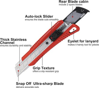 25mm Utility Knife Set, Heavy Duty Auto-Lock, Retractable Box Cutter with 10pcs Ultra sharp Snap-off Sharp Blades HT0095-KN