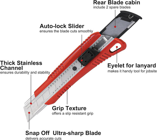 25mm Utility Knife Set, Heavy Duty Auto-Lock, Retractable Box Cutter with 10pcs Ultra sharp Snap-off Sharp Blades HT0095-KN