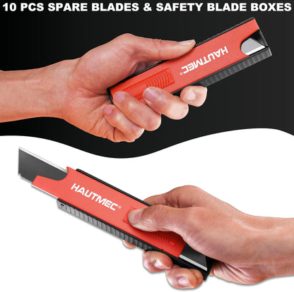 25mm Utility Knife Set, Heavy Duty Auto-Lock, Retractable Box Cutter with 10pcs Ultra sharp Snap-off Sharp Blades HT0095-KN