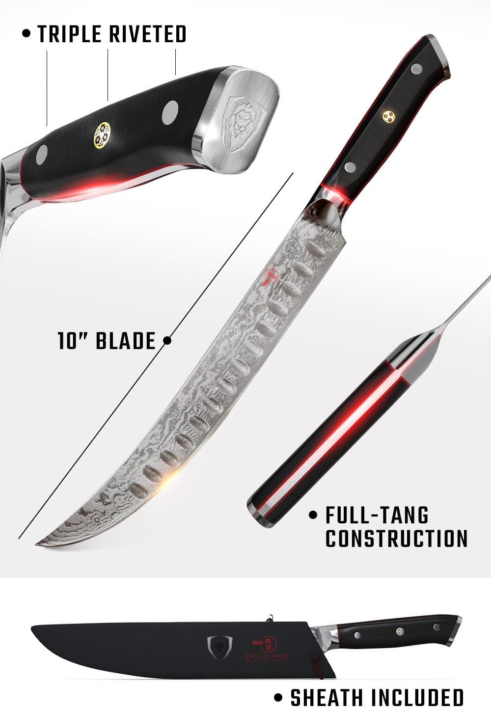 10" Cimitar Breaking Knife — AUS-10V Japanese Steel, 62+ HRC — For Primal Breaking, Large Meat Portioning & Butcher Work — Full-Tang G10, Sheath, Shogun ELITE, customer support
