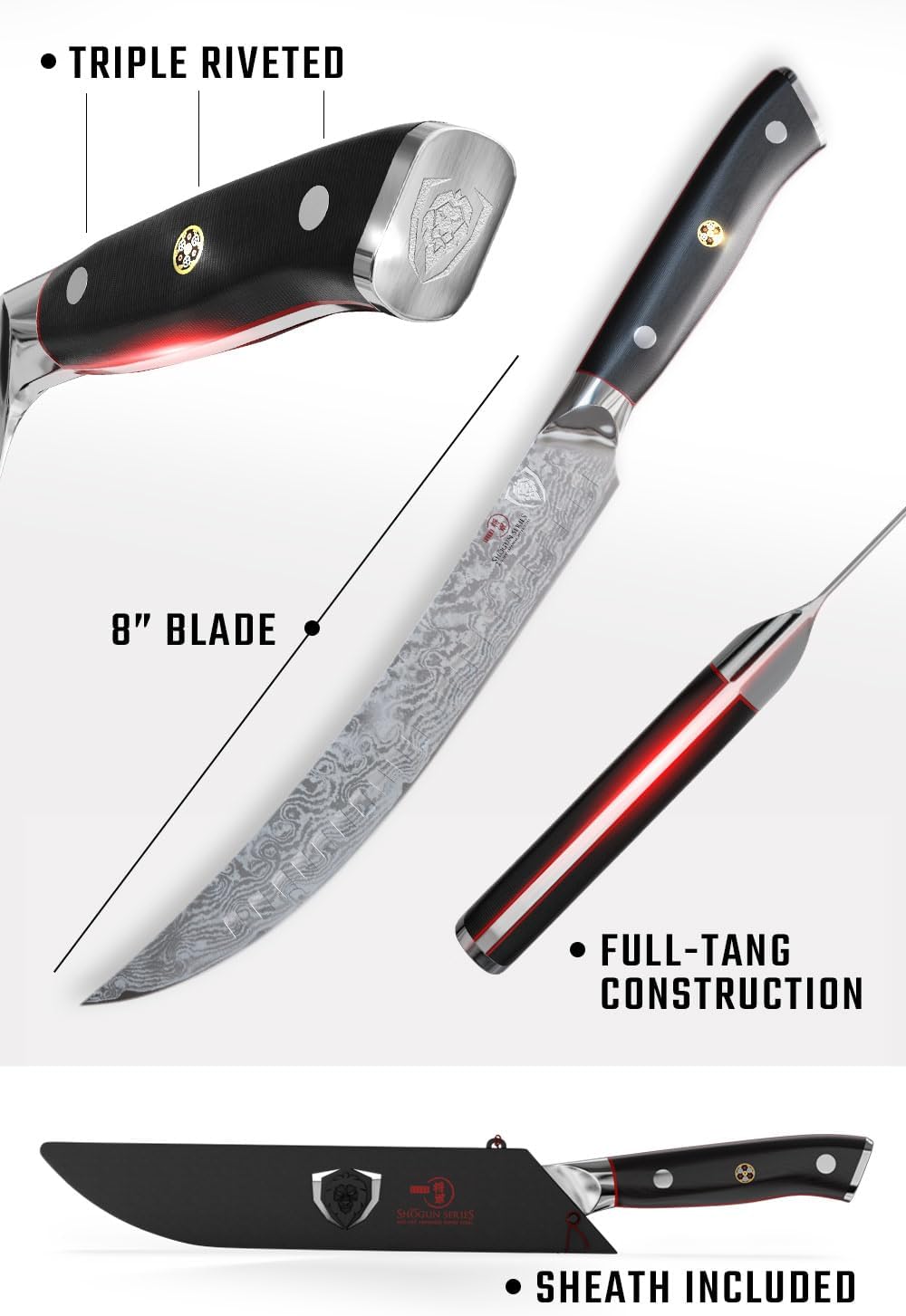 10" Cimitar Breaking Knife — AUS-10V Japanese Steel, 62+ HRC — For Primal Breaking, Large Meat Portioning & Butcher Work — Full-Tang G10, Sheath, Shogun ELITE, customer support